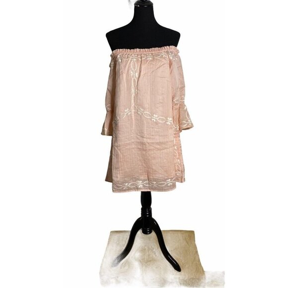 Foxiedox Womens Shift Dress Peach Lined Off Shoulder Embroidered Pullover SZ S - Picture 2 of 10